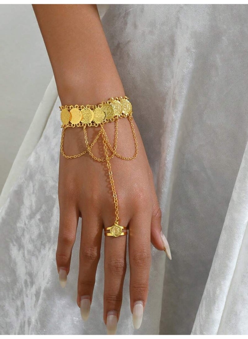 Saudi Founding Day Hand Bracelet with Ring – Multi-Layer Gold Coin Chain Accessory, Elegant Heritage Look for Events - Image 1